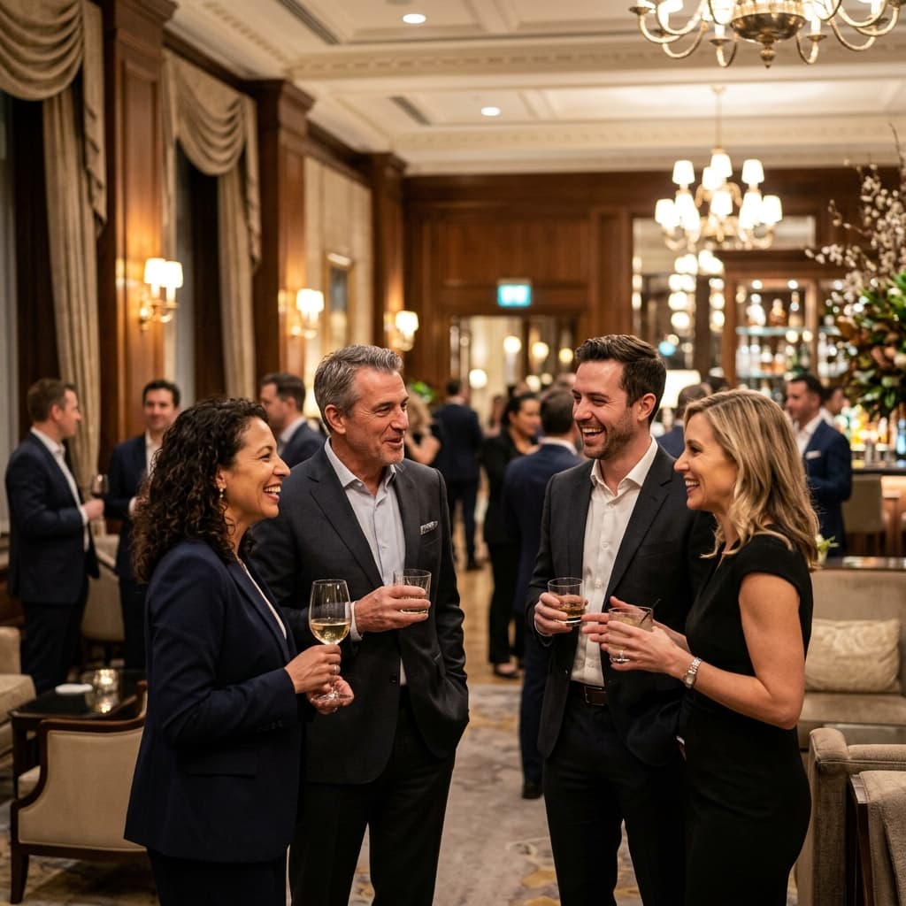 Investors and allocators engaging in warm, premium networking at a conference reception